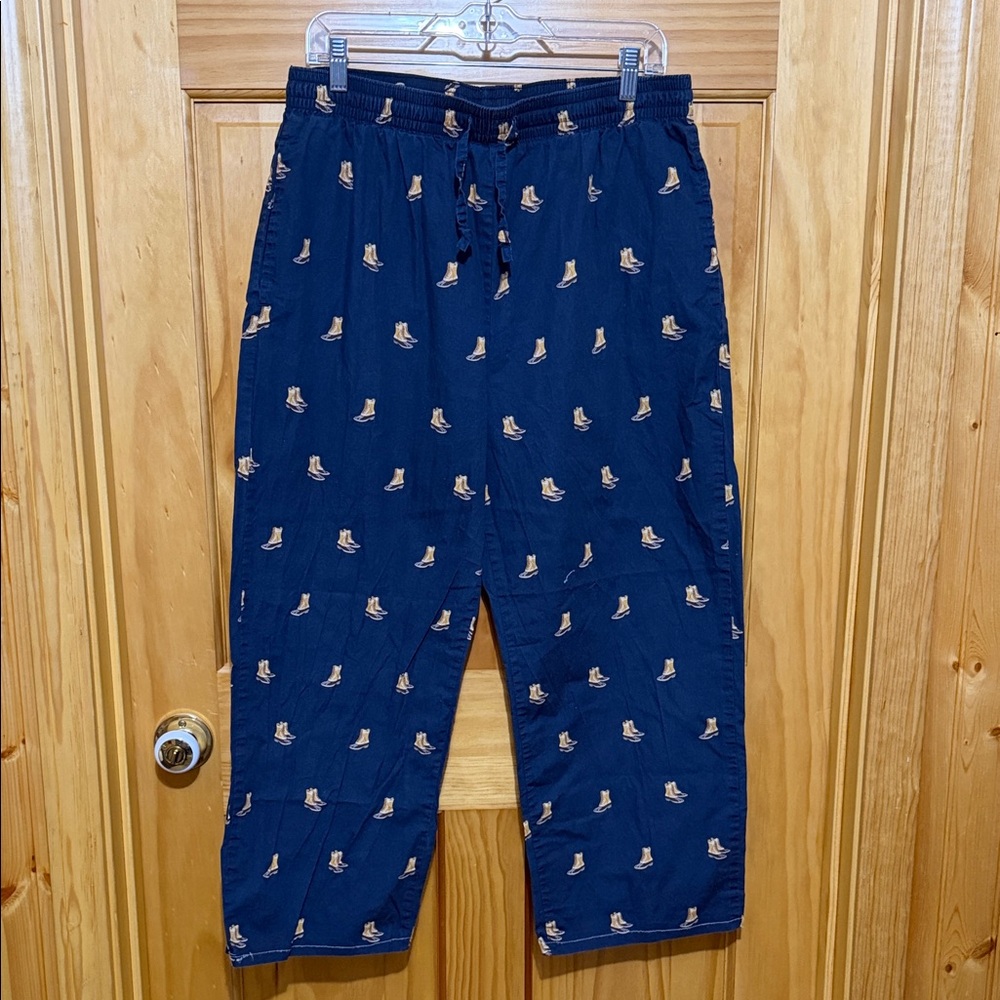 L.L. Bean Blue Duck Boot Print Sleep Pants, Size Medium.